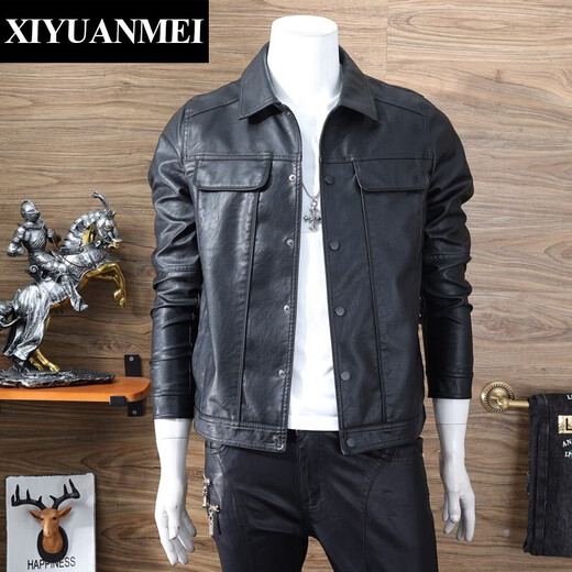 Nishihara Mei Nishihara Mei Lapel Leather Jacket Autumn and Winter Trendy Casual Simple Motorcycle Jacket Handsome Slim Leather Jacket Men's Outer Black L