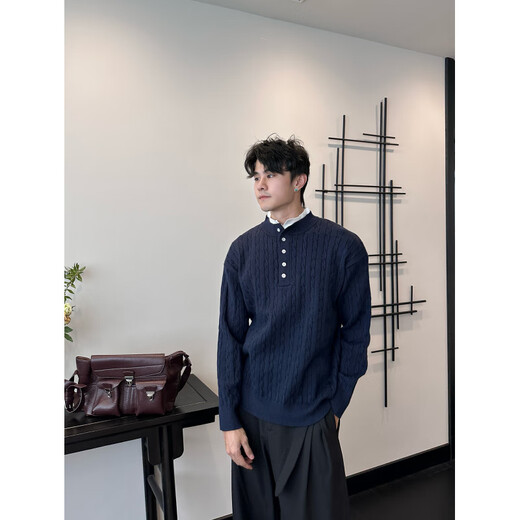 Fashionable Formula Lazy Style American Vintage Henry Collar Sweater Men's Loose Versatile Casual Sweater Trendy Navy S