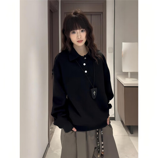 Wu Yinan cleanfit black henley collar shoulder sweatshirt for men and women long-sleeved polo shirt American heavyweight inner layering shirt black upgraded model black upgraded model M