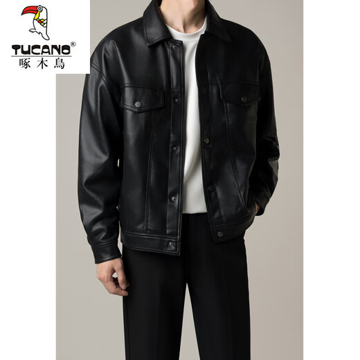Woodpecker men's handsome men's motorcycle short leather jacket men's autumn and winter new trendy loose pu leather jacket black 2XL