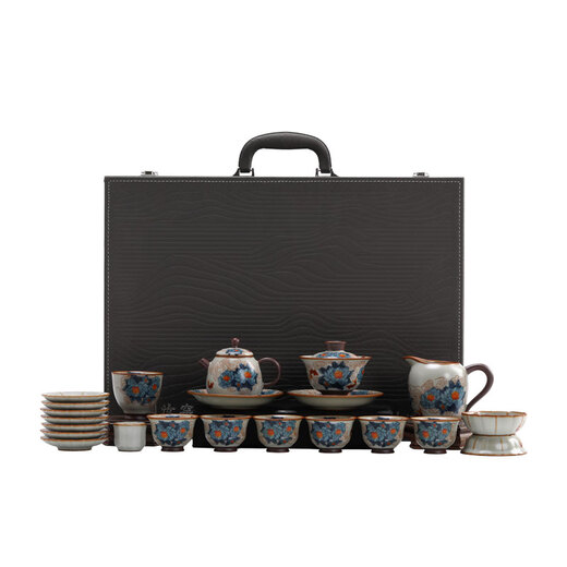 Shimingtang brand high-end Ru kiln ceramic tea set complete set for home and office to send holiday gifts to elders and friends holiday gift box Wealth and wealth Ru kiln tea set 20 pieces