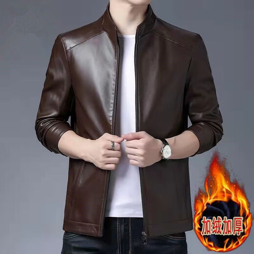 Huanyi Hangzhou Sijiqing Clothing Wholesale Market Winter Men's Small Stand Collar Leather Jacket Men Spring Autumn Winter Thin Plus Velvet Model Plus Velvet Brown Stand Collar Thickened M 170 Recommended 90-115 Jin Jin equals 0.5 kg