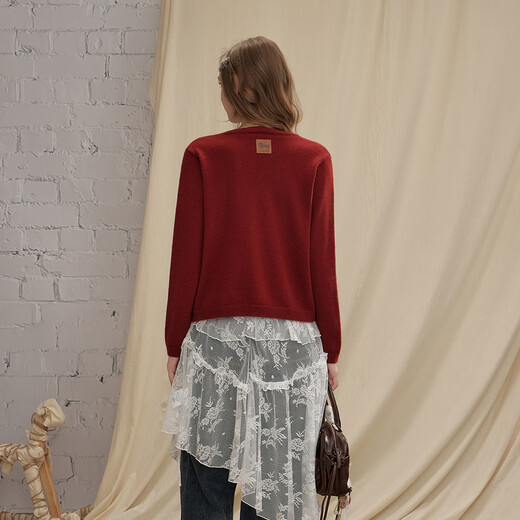 UNIFREE Qiji Red Christmas and New Year Sweater Women's Puppy Stretch Retro Round Neck Sweater Red One Size