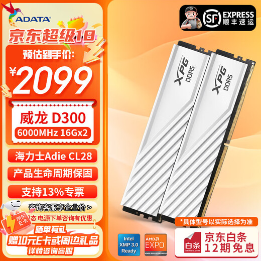 ADATA 16G/32G (16G*2) set DDR5 6000 frequency AI computer accessories desktop memory bar Longyao D500G RGB light bar C28 timing Hynix Adie C28/Adie D300 6000 white vest bar 16GB 1 bar (16G*1)
