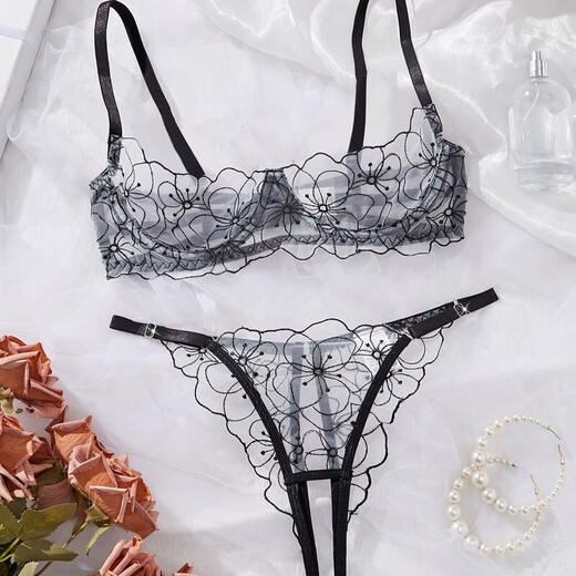 Universal French popular style sexy open-back underwear lace bra set with push-up see-through pure lust style temptation-free thong S 32/70ABCD