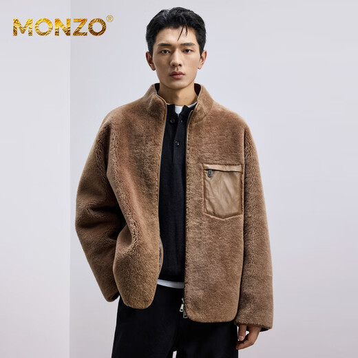 MONZO, an international first-line brand, original ecological sheepskin all-in-one men's heavy-duty hemmed fur jacket, minimalist khaki L