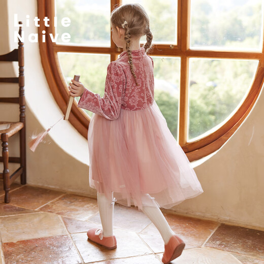 Little Naive Autumn and Winter Girls' New Chinese Texture Jacquard Velvet Splicing Mesh Dress Pink 140