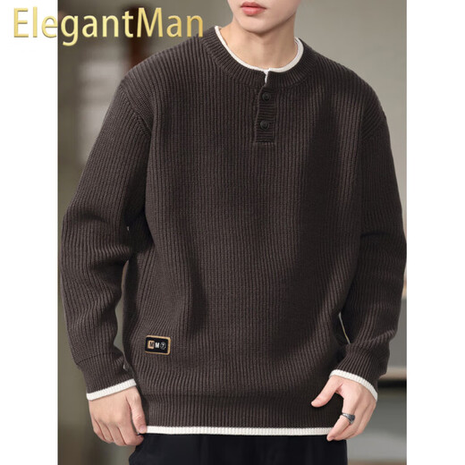 ElegantMan Henry Collar Sweater Men's 2025 New Autumn and Winter Loose Lazy Style Boys' Sweater Tops Men's Trendy Brown M_Suitable-135Jin Jin is equal to 0.5 kg