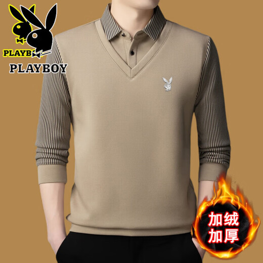 Playboy (PLAYBOY) high-end fake two-piece sweater men's velvet thickened bottoming shirt 2026 winter new casual loose warm wool sweater Shangqing 6658 style velvet thickened 2XL 180