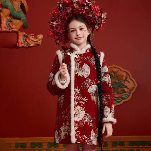 ASK JUNIOR new Chinese style children's skirt girls autumn and winter quilted warm New Year dress cheongsam skirt embroidered New Year's greetings dress