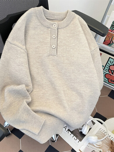 Xiaohongshu's popular solid color Henry collar sweater men's autumn and winter fashionable high-end sweater loose American style retro light gray M one size fits all