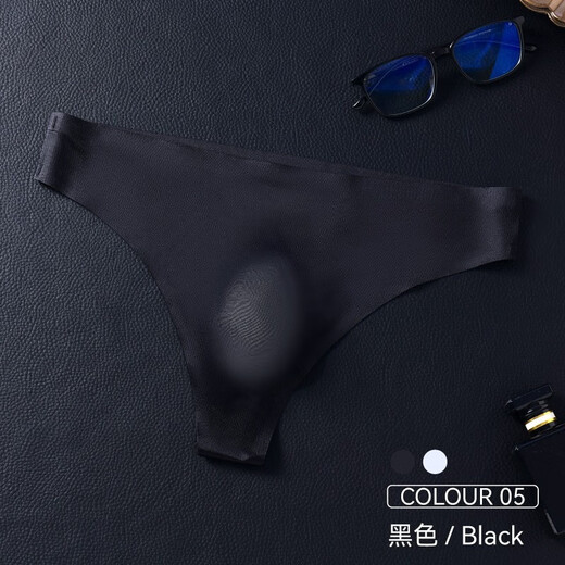 European and American men's one-piece seamless low-waisted sexy ice silk T-pants 3D bulging thong underwear for men, black M