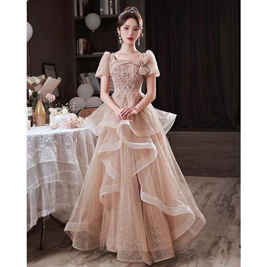Fu Ling Piano Performance Wear Female High School Senior Evening Dress 2026 New Banquet Art Exam Light Luxury Niche High-end Main Champagne Color Mid-Length Version YH067 S