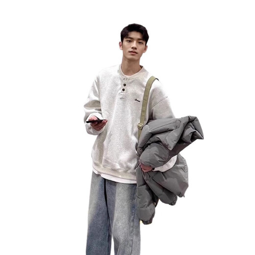 Henry collar sweatshirt men's spring and autumn hoodless American cleanfit bottoming shirt loose trendy brand long-sleeved T-shirt with spring white gray M