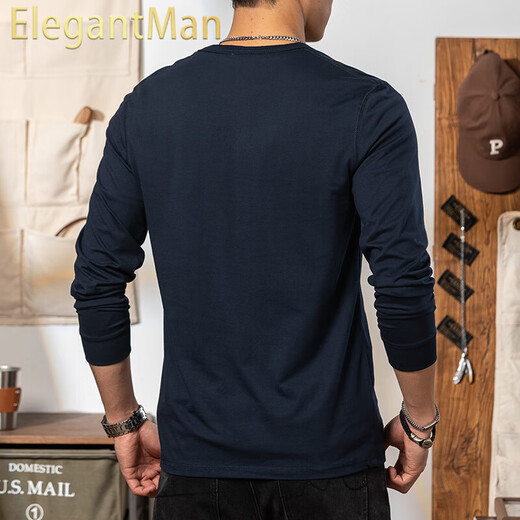 ElegantMan American retro royal blue cotton long-sleeved henley T-shirt open collar tough guy outer wear henley collar bottoming shirt men's autumn royal blue M