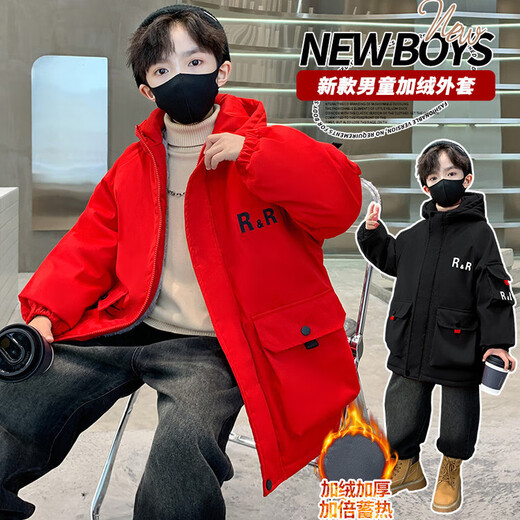 Boys winter red velvet jacket 2025 new thickened medium and large children's cotton coat windbreaker for boys and girls red 160 cm