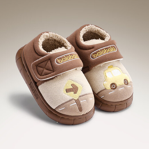 BALABALA children's shoes children's cotton slippers boys and girls home shoes plus velvet 2024 winter new shoes cartoon Khaki 50601 22 150mm