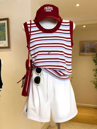 Plus Size Women's Red Striped Sleeveless Knitted Vest Summer Fat Millimeters Slim Appearance Wear Inside Out and Wear Beautiful Red Striped Tops Huge Good-Looking Sleeveless Tops M 80-100Jin Jin is equal to 0.5kg