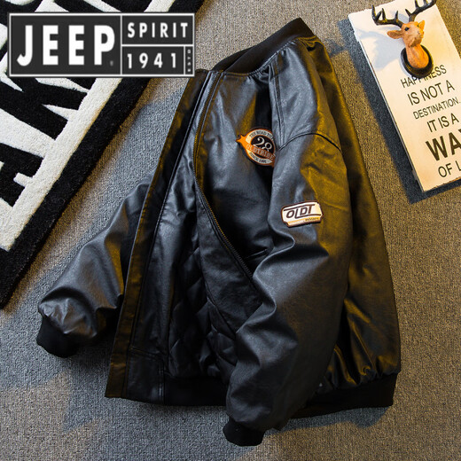 JEEP SPIRIT Jeep American fashion brand PU leather motorcycle cotton jacket men's winter thickened warm baseball jacket cotton jacket black M (100-130Jin Jin equals 0.5 kg)