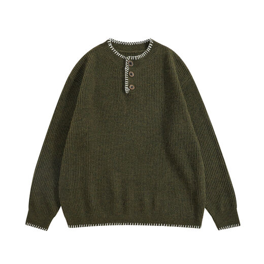 XBRO American retro vintage spring and autumn wool blended lazy Henry collar sweater pullover sweater for men and women dark green G076 wool sweater in stock M M loose and too large