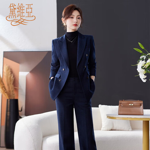Davia High-End Suit Suit Women's Fashion Slim Suit Jacket Women's Professional Slim Business Formal Wear Navy Suit + Wide Leg Pants Thick XL (115-125 Jin Jin equals 0.5 kg)