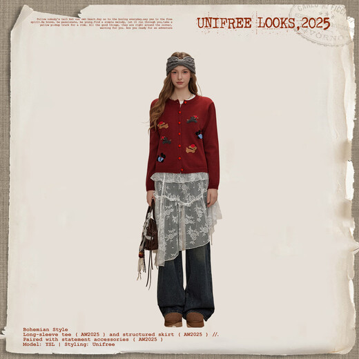 UNIFREE Qiji Red Christmas and New Year Sweater Women's Puppy Stretch Retro Round Neck Sweater Red One Size