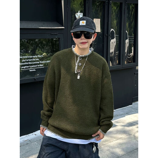 XBRO American retro vintage spring and autumn wool blended lazy Henry collar sweater pullover sweater for men and women dark green G076 wool sweater in stock M M loose and too large