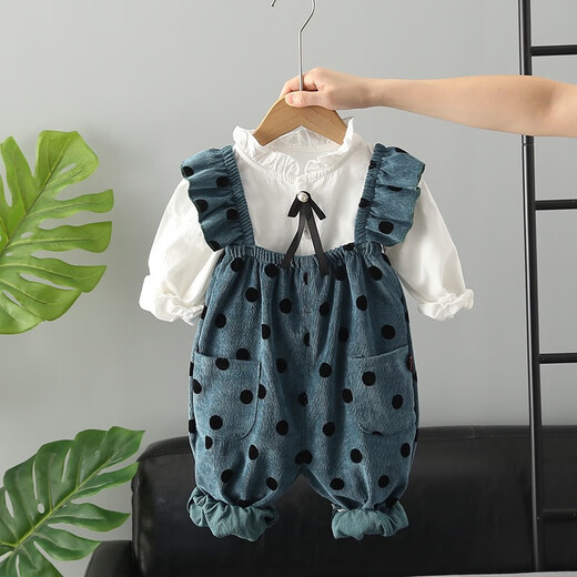 Clothes for girls, autumn polka dot overalls suit, 6, 7, 8 and 9 month old baby girl fashionable and cute suit, trendy navy blue 80cm