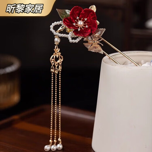 Chinese style Hanfu bride hair accessories Hanfu hair accessories retro aesthetic red rouge camellia ancient style tassel hairpin hairpin red camellia hairpin