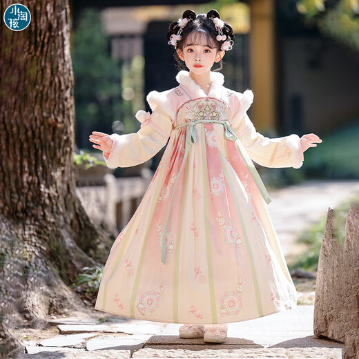 Little Taobao Hanfu Girls Winter Dress Chinese Style New Year Clothes Children Winter Style Plus Velvet Ancient Costume Jinse 140