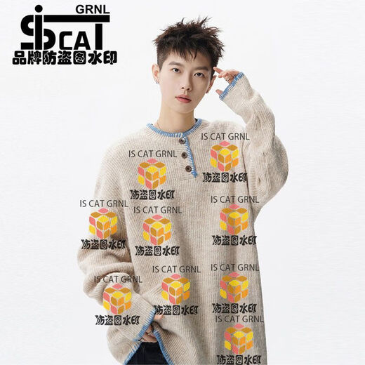 IS CAT GRNL American retro Henley collar sweater for men in autumn lazy style casual inner sweater trendy brand niche couple jacket apricot M