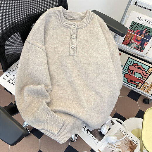 Xiaohongshu's popular solid color Henry collar sweater men's autumn and winter fashionable high-end sweater loose American style retro light gray M one size fits all