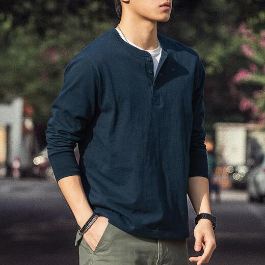 Style Retro Henley Long Sleeve T-Shirt Men's 2025 Autumn 250g Pure Cotton Side Seamless Henley Collar Bottoming Shirt Denim Blue 250g Pure Cotton S S Reference 100-125Jin Jin is equal to 0.5 kg