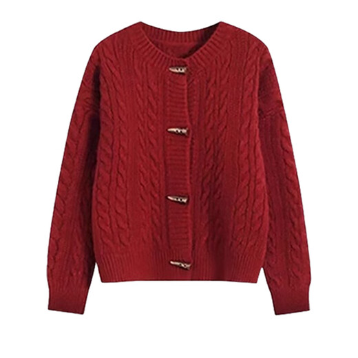 Hao'e lazy style red sweater cardigan coat for women autumn and winter Korean atmosphere knitted top for inner and outer wear knitted sweater jacket red one size fits all