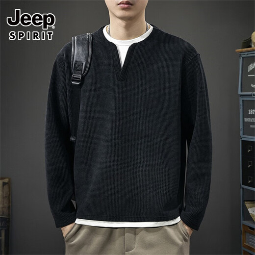 JEEP SPIRIT high-end heavyweight European cotton velvet fake two-piece long-sleeved T-shirt for men in autumn and winter new waffle plus velvet V-neck inner henley shirt black XL