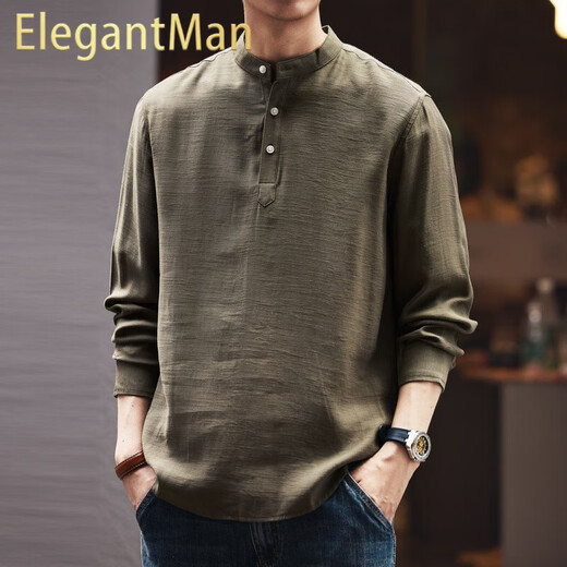ElegantMan high-end vintage linen blended men's long-sleeved shirt autumn new Chinese Henry collar shirt Green M _Suitable for 110-130Jin Jin equals 0.5kg