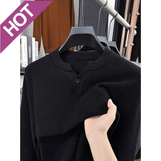 AX Armani off-size pineapple pattern Henry collar sweater men's spring and autumn new fashion casual cotton texture dark gray XL 175 (recommended 135-150)