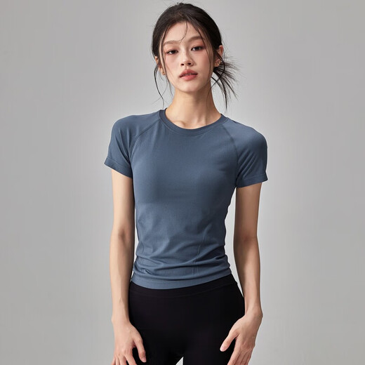 Quick-drying dry yoga clothes short-sleeved women's slim fit breathable sports tops running Pilates professional fitness clothes T black A style XL