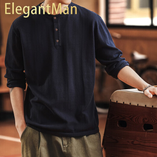 ElegantMan Blue Deer American Tough Guy Henry Collar Long Sleeve Sweater Men's Autumn and Winter Loose Soft Warm Bottoming Shirt Navy S _Suitable for 90-110Jin Jin is equal to 0.5 kg