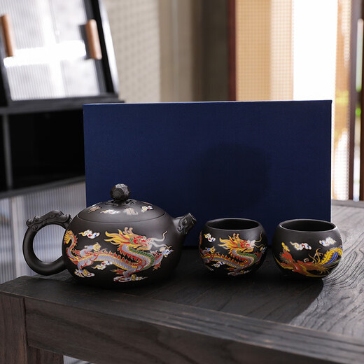 Dragon and phoenix Chengxiang purple clay pot that changes color when heated, dragon and phoenix purple clay pot, phoenix singing pot, teapot, Xishi pot gift box S1, high-end gift box, one pot + get 2 cups