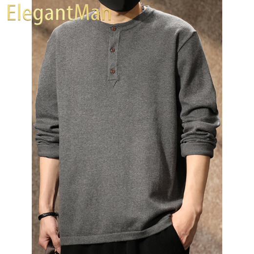 ElegantMan American retro tough guy Henry collar sweater men's autumn 2025 new long-sleeved T-shirt men's loose Henry shirt dark gray S _ 90-Jin Jin equals 0.5 kg