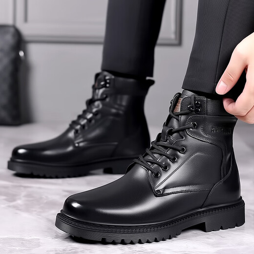
KACHILANG Martin Boots Men's Genuine Leather Wool Warm Cotton Boots High Top Cowhide Working Equipment Battle Army Hook Snow Boots Winter 3518 Black 40