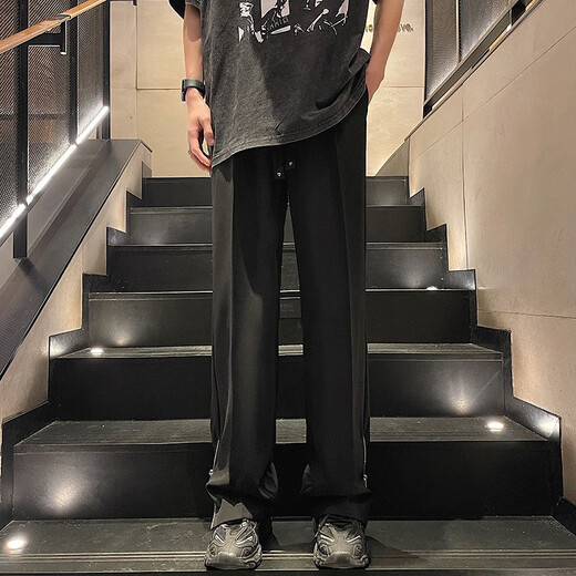 Pantalones casuales de niebla Pantalones casuales Men's Spring y Autumn American High Street Slit Pantalones Pantalones de seda de hielo al aire libre Pantalones rectos sueltos MF-2307 Negro XL (recomendado 130-140Jin [Jin iguala 0.5 kg])