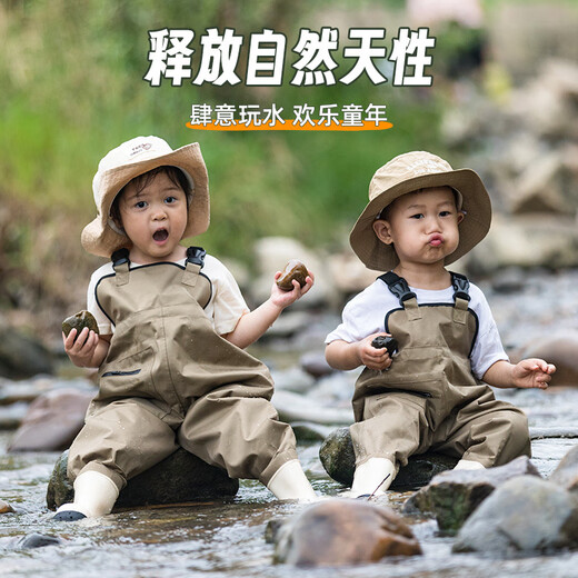 Yuzhiyuan children's wading jumpsuit, one-piece seasuit, rain pants with rain boots, water play jumpsuit, children's overalls with big eyes, thickened PVC style, candy green 23_(shoe inner length 14)