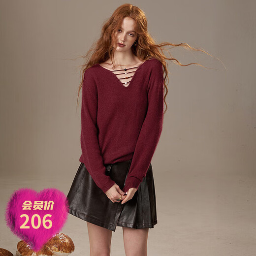 Fairy's pocket v-neck lazy style soft waxy sweater for women 25 autumn and winter new style loose slimming high-end sheep wool berry rose purple M