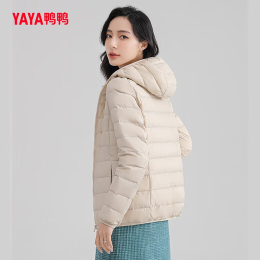 YAYA Tong Liya's same style thin down jacket for women new autumn and winter casual short hooded lightweight Korean style rib jacket off-white L