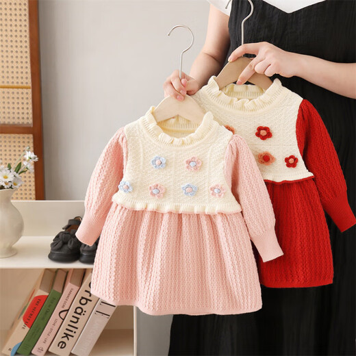 Girls sweater dress 2025 autumn and winter new bow Christmas skirt children's clothing pink plus velvet 90 cm