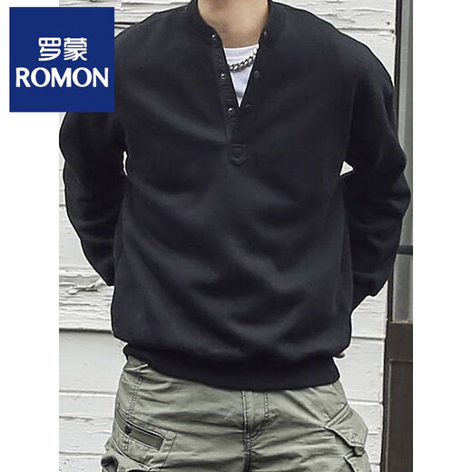 ROMON large size 300Jin Jin is equal to 0.5kg large size men's Henry collar sweatshirt men's spring and autumn new American fashion brand loose top bottoming shirt gray M 80-100Jin Jin is equal to 0.5kg