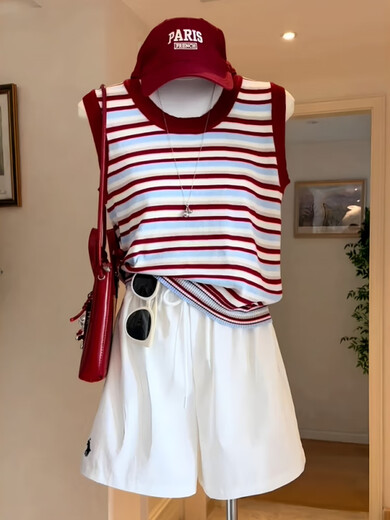 Plus Size Women's Red Striped Sleeveless Knitted Vest Summer Fat Millimeters Slim Appearance Wear Inside Out and Wear Beautiful Red Striped Tops Huge Good-Looking Sleeveless Tops M 80-100Jin Jin is equal to 0.5kg