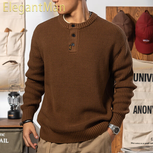 ElegantMan Henry Collar Sweater Men's Winter Lazy Style Thickened Tough Guy Loose Knitted Sweater Jacket Men's Autumn and Winter Khaki S _Suitable for 90-119Jin Jin is equal to 0.5 kg